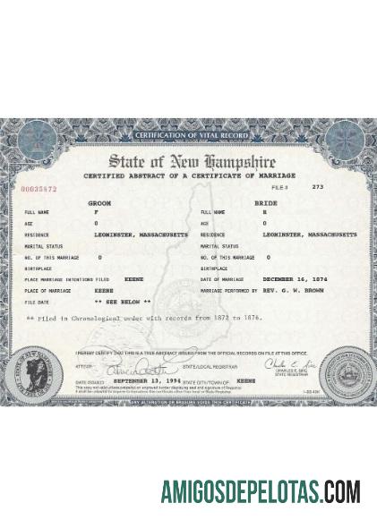 Certidão de casamento nos EUA New Hampshire exemplo